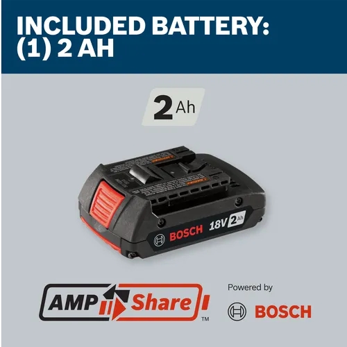 Bosch 18V 2Ah battery, included, 2 Ah, with 'Powered by Bosch' and 'AMP Share' logos.