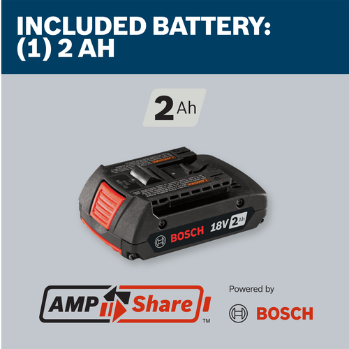Bosch 18V 2Ah battery, included, 2 Ah, with 'Powered by Bosch' and 'AMP Share' logos.