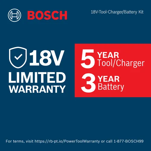Bosch 18V-Tool-Charger/Battery Kit with 18V Limited Warranty: 5 Year Tool/Charger, 3 Year Battery.