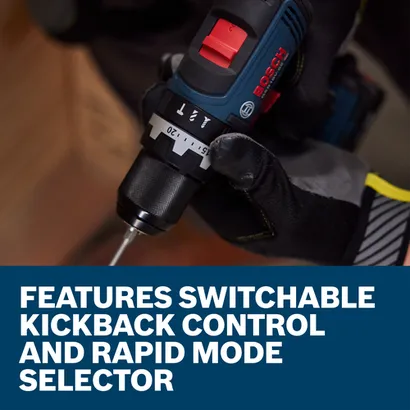 Bosch drill, with "FEATURES SWITCHABLE KICKBACK CONTROL AND RAPID MODE SELECTOR" text visible.