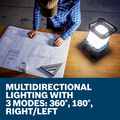 Bosch light on a table, next to construction plans, with text: MULTIDIRECTIONAL LIGHTING WITH 3 MODES: 360°, 180°, RIGHT/LEFT.