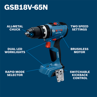 Bosch GSB18V-65N drill with all-metal chuck, dual LED worklights, rapid mode selector, two speed settings, brushless motor, and switchable kickback control.