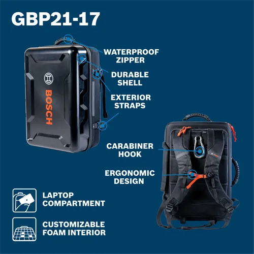 Bosch GBP21-17 features include a Waterproof Zipper, Durable Shell, Exterior Straps, Carabiner Hook, Ergonomic Design, Laptop Compartment, and Customizable Foam Interior.