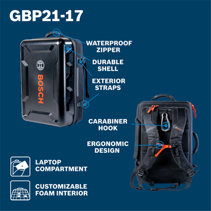 Bosch GBP21-17 features include a Waterproof Zipper, Durable Shell, Exterior Straps, Carabiner Hook, Ergonomic Design, Laptop Compartment, and Customizable Foam Interior.