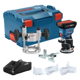 Bosch GKF18V-25 COLT cordless router, accessories, battery, and L-Box tool case.