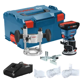 Bosch GKF18V-25 COLT cordless router, accessories, battery, and L-Box tool case.