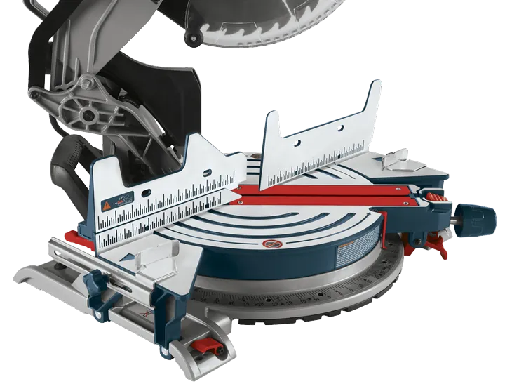 Bosch miter saw, with a red and blue design, includes measuring scales and an adjustable blade.