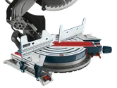 Bosch miter saw, with a red and blue design, includes measuring scales and an adjustable blade.