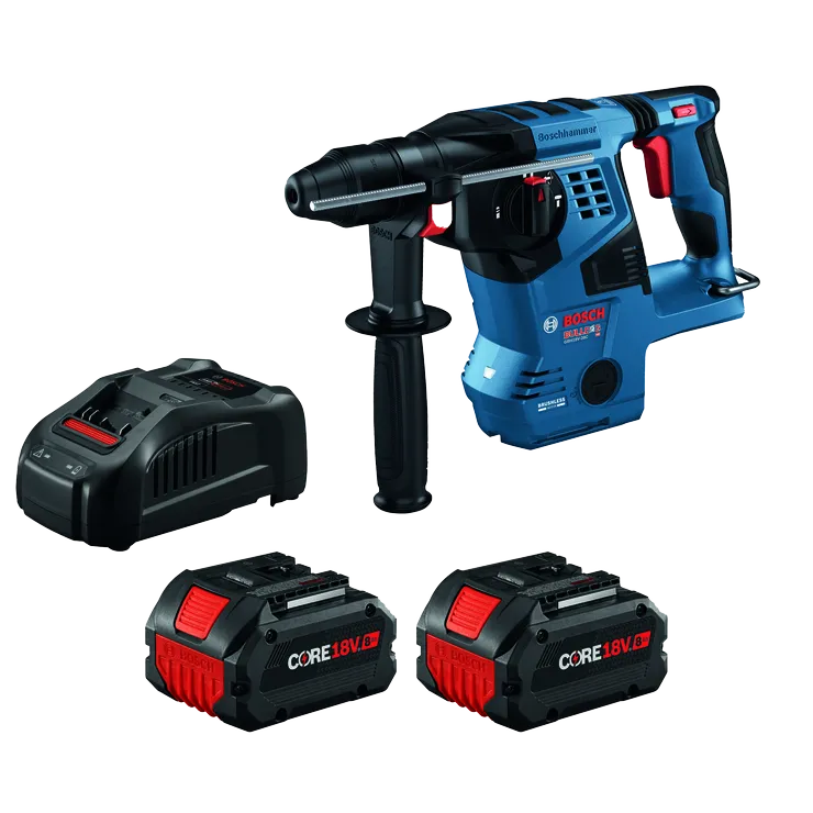 Bosch BULLDOG GBH18V-28C HD Boschhammer, charger, and two CORE 18V 8Ah batteries.