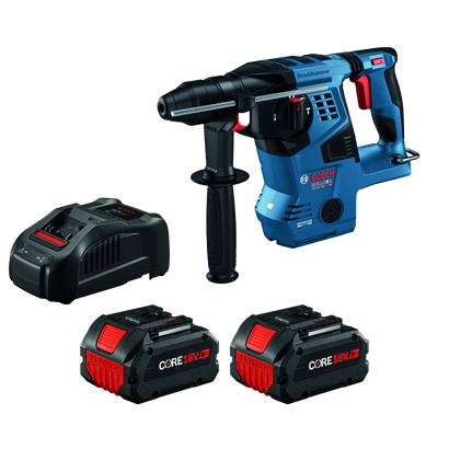 Bosch BULLDOG GBH18V-28C HD Boschhammer, charger, and two CORE 18V 8Ah batteries.