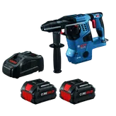 Bosch BULLDOG GBH18V-28C HD Boschhammer, charger, and two CORE 18V 8Ah batteries.