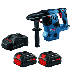 Bosch BULLDOG GBH18V-28C HD Boschhammer, charger, and two CORE 18V 8Ah batteries.