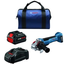 Bosch tool bag, CORE18V.8.0Ah battery, charger, and GWS18V-10P angle grinder.