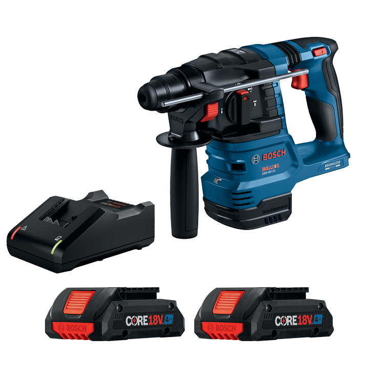 Bosch GBH18V-22 BULLDOG rotary hammer with two CORE18V 4Ah batteries and charger.