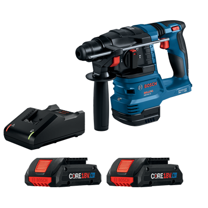 Bosch GBH18V-22 BULLDOG rotary hammer with two CORE18V 4Ah batteries and charger.
