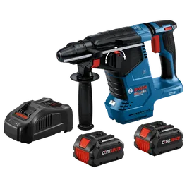 Bosch BULLDOG GBH18V-24C rotary hammer drill, with charger and two CORE 18V batteries.