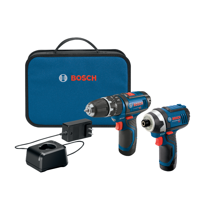 Bosch drill/driver and impact driver set, charger, and a blue carrying case. Drill/driver has settings 1.0-15.0. Impact driver reads LITHIUM-ION 12.