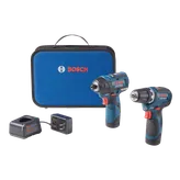 Bosch tool set including a GSR12V-300 HD drill and a cordless impact driver, charger, and a blue carrying case.