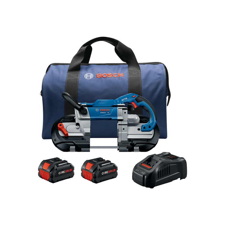 Bosch GCB18V-5 HO band saw, CORE 18V batteries, and a charger, with a blue carry bag.