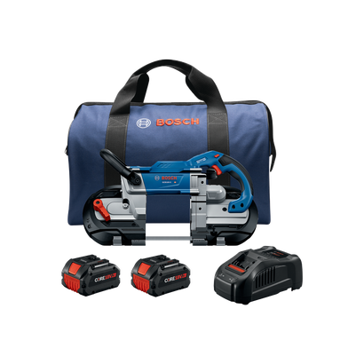Bosch GCB18V-5 HO band saw, CORE 18V batteries, and a charger, with a blue carry bag.