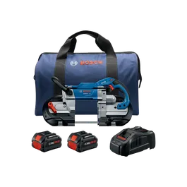 Bosch GCB18V-5 HO band saw, CORE 18V batteries, and a charger, with a blue carry bag.