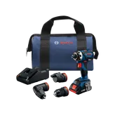 Bosch GSR18V-535FC drill with several attachments, charger, and a blue bag, all branded with the Bosch logo.