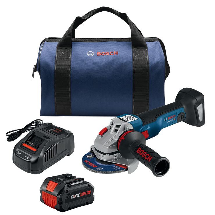 Bosch GWS18V-43C angle grinder, charger, battery, and carrying case; visible text "BOSCH", "CORE18V".