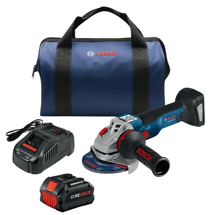 Bosch GWS18V-43C angle grinder, charger, battery, and carrying case; visible text "BOSCH", "CORE18V".