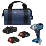 Bosch tool bag, charger, two CORE18V 4.0 batteries, and Bosch GDS18V-330PC impact wrench.