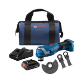 Bosch GOP18V-34 cordless multi-tool with battery, charger, blades and carrying case.