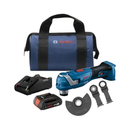 Bosch GOP18V-34 cordless multi-tool with battery, charger, blades and carrying case.