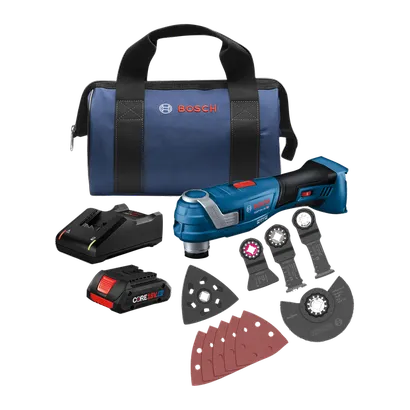 Bosch GOP18V-34 brushless multi-tool kit, with charger, CORE18V battery, blades, sanding pad, and bag.