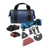 Bosch GOP18V-34 brushless multi-tool kit, with charger, CORE18V battery, blades, sanding pad, and bag.