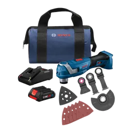 Bosch GOP18V-34 brushless multi-tool kit, with charger, CORE18V battery, blades, sanding pad, and bag.