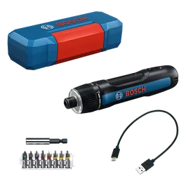 Bosch cordless rechargeable screwdriver GSD4V-35 product image shown with accessories and hard case.