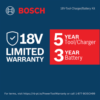 Bosch 18V Limited Warranty badge stating 5 Years for Tool/Charger and 3 Years for Battery.