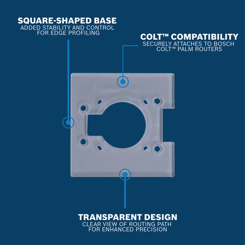 Bosch GKFSQ01 Palm Router Square Subbase feature walkaround shown with text and arrows pointing to the tool feature on blue.