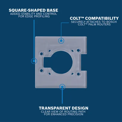 Bosch GKFSQ01 Palm Router Square Subbase feature walkaround shown with text and arrows pointing to the tool feature on blue.