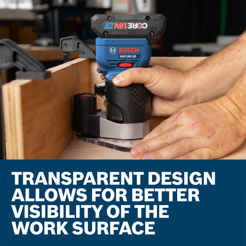 A worker using a Bosch GKF18V-25 Colt Palm Router with the attached GKFD01 GKFD01 Palm Router D-Shaped Subbase.