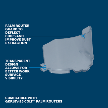 A graphic of Bosch RA1130 Edge Palm Router Chip Protection Guard Walkaround calling out features and benefits on blue background.