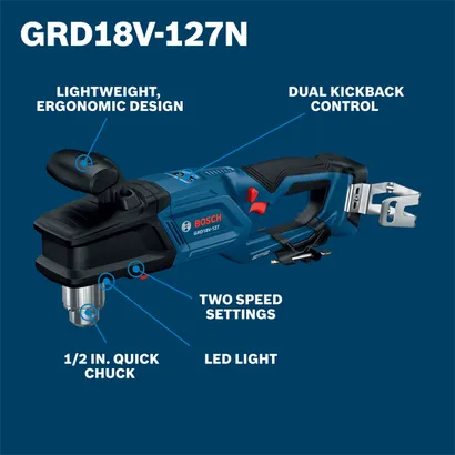 Bosch GRD18V-127N 18V High Torque Right Angle Drill ½ In. bare tool walkaround pointing to the feature and benefits.