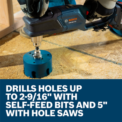 A worker using a Bosch GRD18V-127 18V High Torque Right Angle Drill to drill a hole in a wood floor with a hole saw.