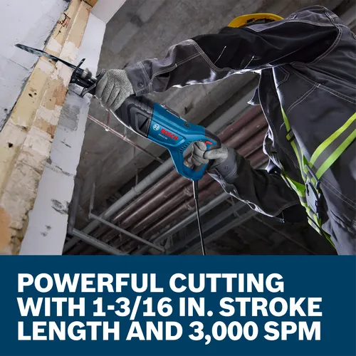 A worker cutting through a wood stud with a Bosch GSA12-30 Corded Reciprocating Saw.