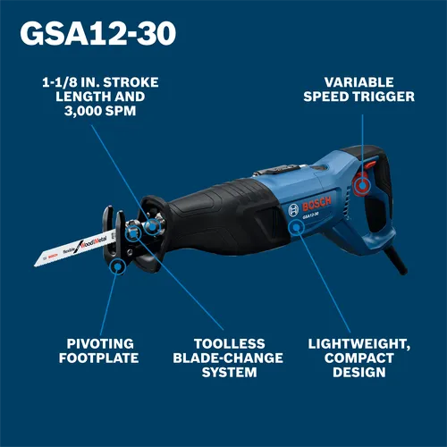 A product walkaround of the GSA12-30 Corded Reciprocating Saw displaying features of the saw.