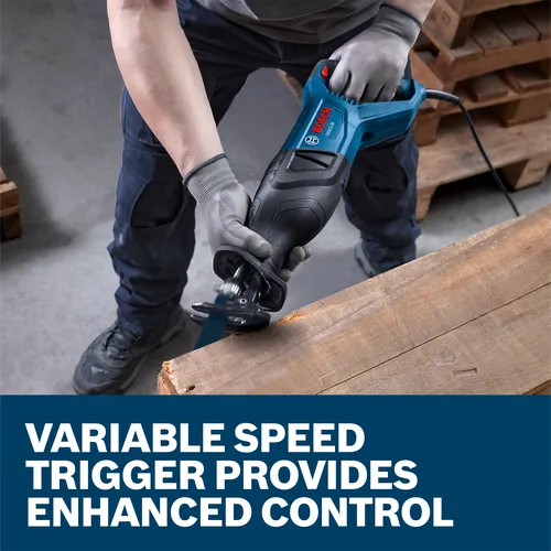 A user breaking down and cutting a wooden pallet using the Bosch GSA12-30 Corded Reciprocating Saw.