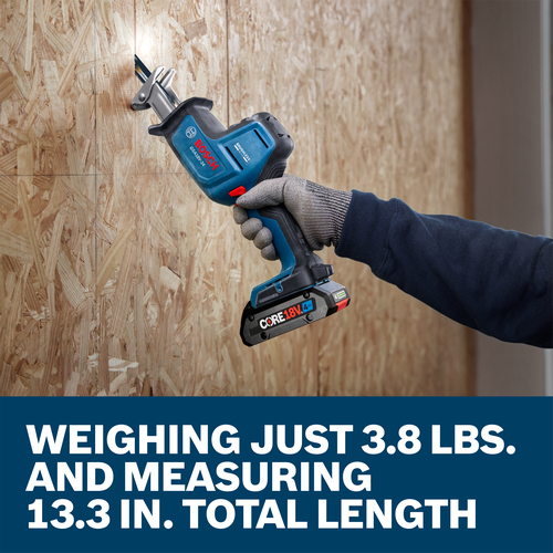 A worker using a Bosch GSA18V-24 18V Compact Reciprocating Saw to cut through OSB board.