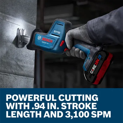 A worker using a Bosch GSA18V-24 18V Compact Reciprocating Saw to cut through a metal panel.