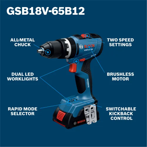 Bosch GSB18V-65 1/2 In. Brushless Hammer Drill/Driver walkaround image pointing to the features of the tool.