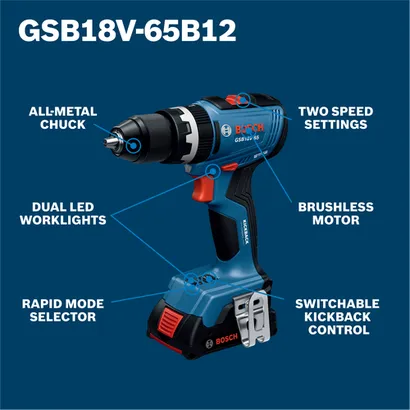 Bosch GSB18V-65 1/2 In. Brushless Hammer Drill/Driver walkaround image pointing to the features of the tool.