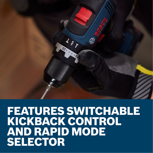 A worker switching the drill modes on the Bosch GSB18V-65 1/2 In. Brushless Hammer Drill/Driver.